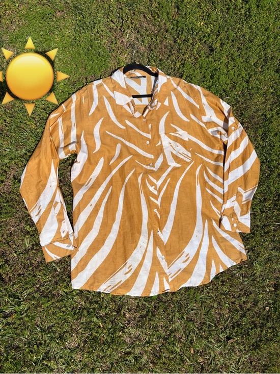 Kikisol Tops - KikiSol Women's Mustard & White Tiger Printed Button-Up Blouse Boyfriend Shirt